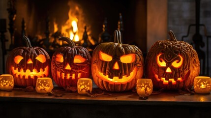 Fototapeta premium halloween jack o lantern candles and fireplace in background