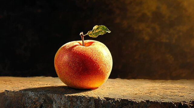 A single, ripe apple sits on a rough stone surface, bathed in warm, golden light