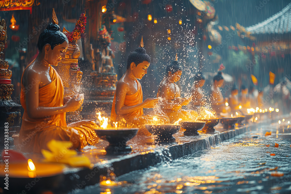 Wall mural serene buddhist monks meditating amidst vibrant ritual in rainy temple ambiance