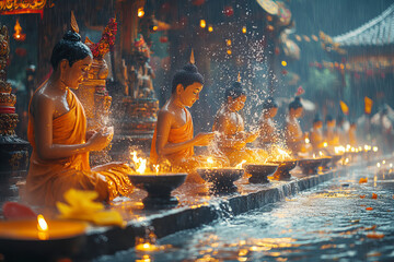 Obraz premium Serene buddhist monks meditating amidst vibrant ritual in rainy temple ambiance