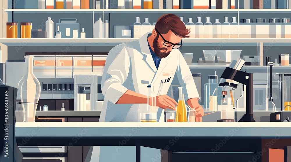 Aufkleber scientist at work, characters conducting experiments in lab. illustration in flat style.