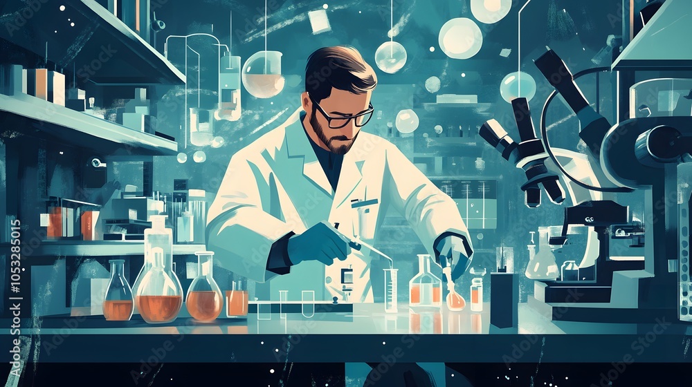 Aufkleber scientist at work, characters conducting experiments in lab. illustration in flat style.