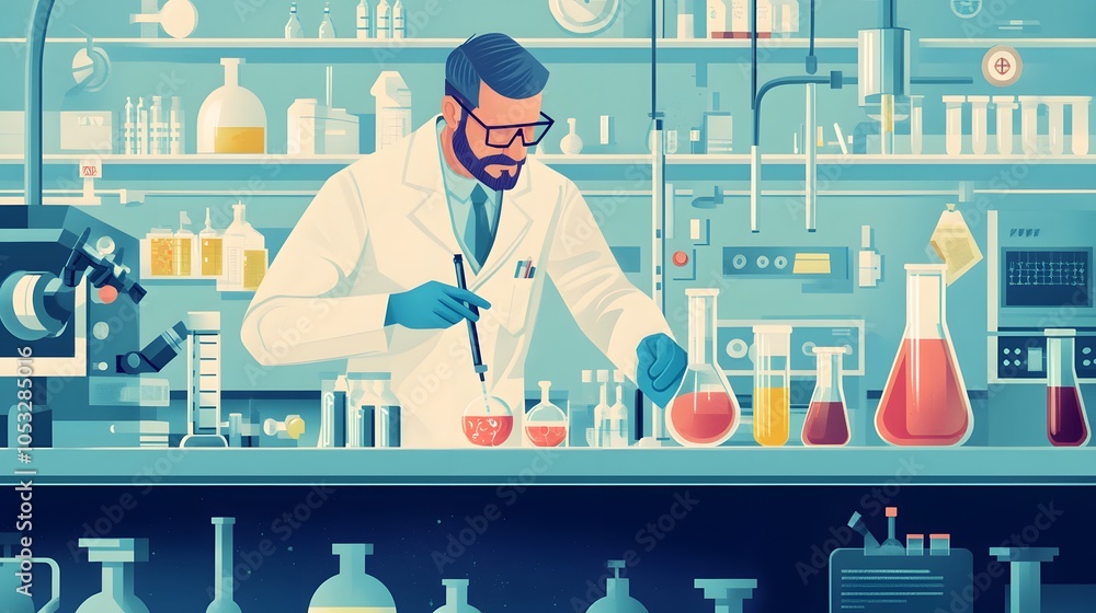 Poster scientist at work, characters conducting experiments in lab. illustration in flat style.