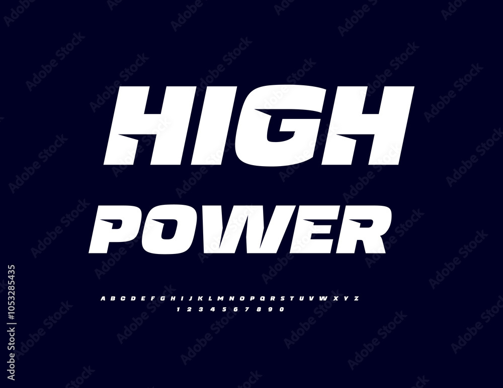 Poster vector digital sign high power. unique modern font. trendy alphabet letters and numbers set.