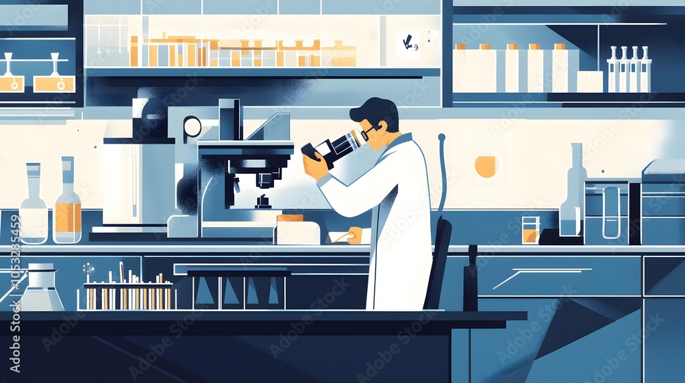 Poster scientist at work, characters conducting experiments in lab. illustration in flat style.