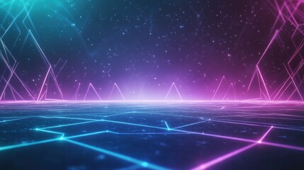 Fototapeta premium Vibrant neon landscape with glowing lines and geometric shapes, creating a futuristic digital environment, perfect for backgrounds.