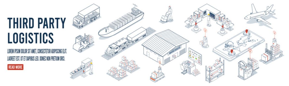 Third-party logistics (3PL) integrates autonomous robots and automation technology to manage warehousing and supply chain operations for businesses concept. Vector illustration eps10
