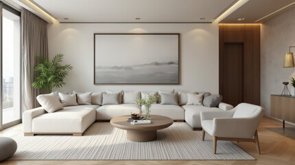 Elegant Modern Living Room Interior with Minimalist Decor and Neutral Color Scheme - Art Mockup Ready