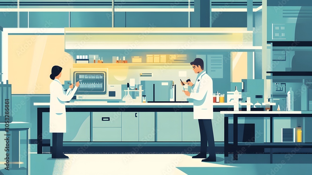 Poster scientist at work, characters conducting experiments in lab. illustration in flat style.