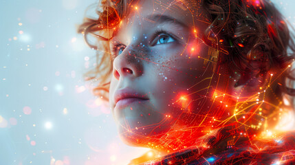 A space boy with red hair and looking at a computer screen. A cyber child. Date technology and cybersecurity. The flashing lights on the boy's face are nanotechnology of the near future