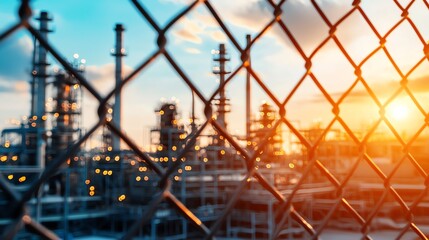 Industrial site with a fence and sunset background, showcasing machinery and progress.