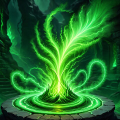 Obraz premium A swirling vortex of green energy emanates from a central point on a stone platform, surrounded by dark green rock formations. The energy glows brightly, creating an ethereal and magical atmosphere.