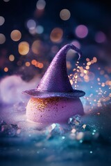 A whimsical bath bomb shaped like a witch's hat surrounded by colorful glitter and soft lights in a magical setting