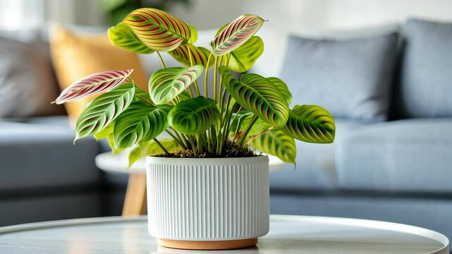 A striped prayer plant sits on a white coffee table in a modern living room