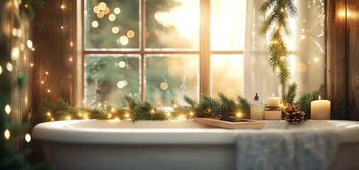 Fototapeta premium Cozy winter bathroom with a tub, festive decorations, warm candlelight, and a serene atmosphere.