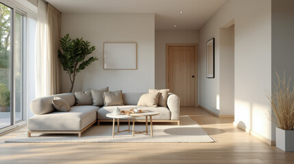 Fototapeta premium Elegant Modern Living Room Interior with Minimalist Decor and Neutral Color Scheme - Art Mockup Ready