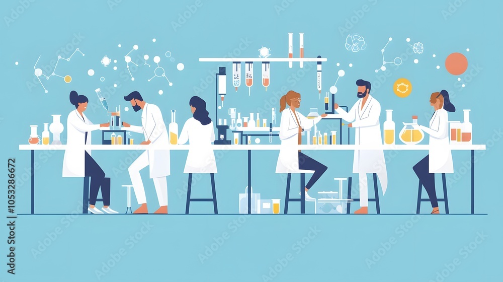 Poster scientist at work, characters conducting experiments in lab. illustration in flat style.