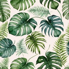 Seamless pattern of watercolor green monstera leaves and ferns with a light pastel background, natural tropical