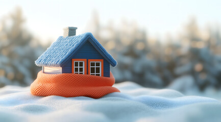 A small house with a blue roof and windows wrapped in an orange scarf on snowy ground, symbolizing winter warmth and energy efficiency in a blurred snowy background.

