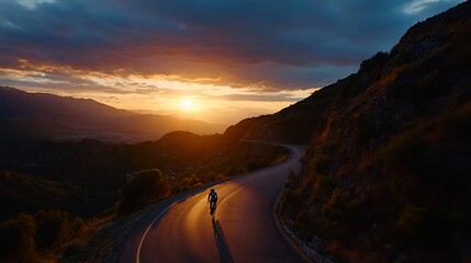 Fototapeta premium Cyclist rides a winding mountain road at sunset with a view of a valley.