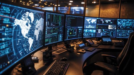 High-tech control room with multiple monitors displaying data and maps for analysis and monitoring.