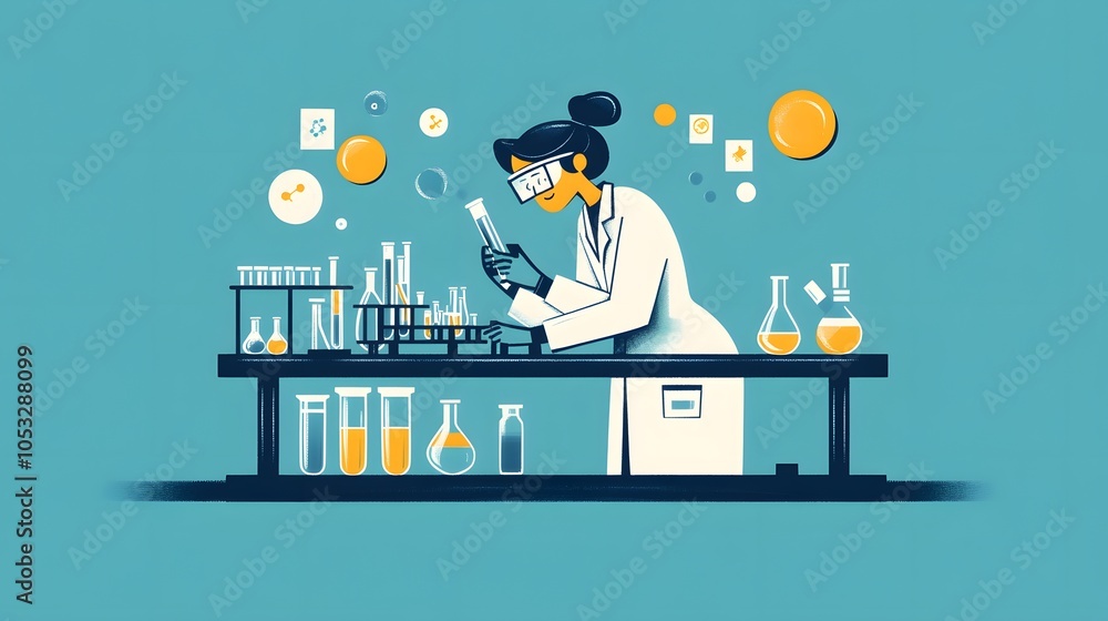 Poster scientist at work, characters conducting experiments in lab. illustration in flat style.