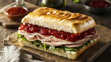 Delicious wholesome sandwich stacked with fresh ingredients and rich flavors for a satisfying meal.