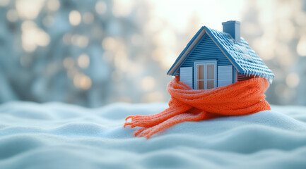 A small house with a blue roof and windows wrapped in an orange scarf on snow, symbolizing winter warmth and energy efficiency against a snowy, blurred background.

