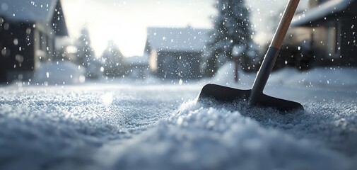 Person shoveling snow in winter with houses in the background, snowflakes falling, tranquil snowy scene.