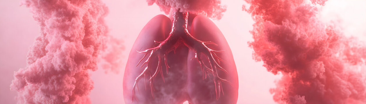 A hyper-realistic medical poster illustrating lungs filled with smoke, representing Barratt L&oacute;rio syndrome, on a pink background. The 3D illustration features high detail, volumetric lighting.