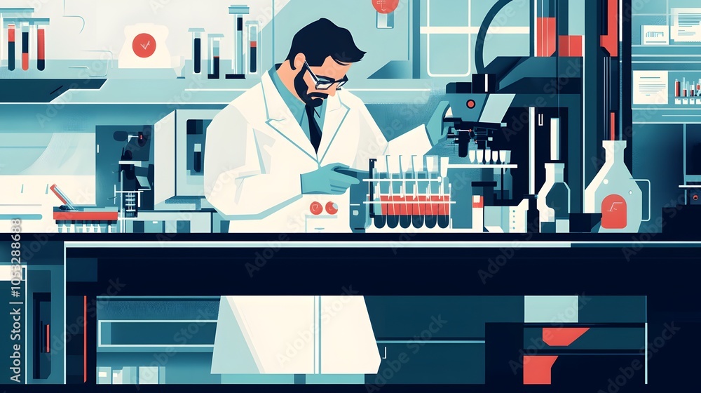 Poster scientist at work, characters conducting experiments in lab. illustration in flat style.