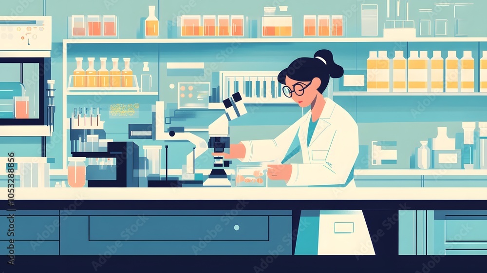 Poster scientist at work, characters conducting experiments in lab. illustration in flat style.
