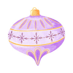 Watercolor Christmas tree Glass toy isolated. Hand drawn holiday element. New year and Christmas