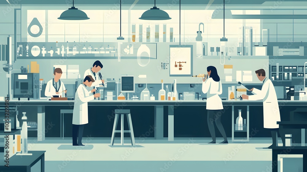Poster scientist at work, characters conducting experiments in lab. illustration in flat style.