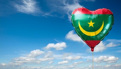 モーリタニアの国旗のハート型の風船と青空(Mauritania flag heart-shaped balloon and blue sky.)
