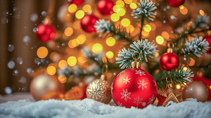 Fototapeta premium Beautiful seasonal Christmas decorations, traditional Christmas tree, decorated with lights, seasonal cozy mood. Beautiful blurred decor lights, red balls, snowy fir, golden lights. Ai generated