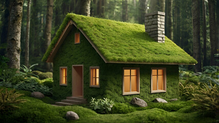 Miniture green house standing on the green grass. Eco energy and energy saving concept