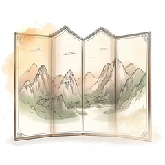A Detailed Watercolor Sketch of a Mountain Landscape on a Folding Screen