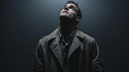 Obraz premium Detective in trench coat looking upward, low-angle view, slate grey background.