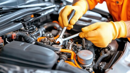 Grease-stained hands gripping a wrench, carefully adjusting a bolt deep within a car engine, surrounded by complex parts 