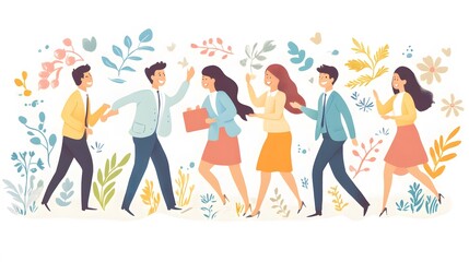 Fototapeta premium Happy young employees giving support and help each other flat illustration. Business team working together for success and growing. Corporate relations and cooperation concept. 