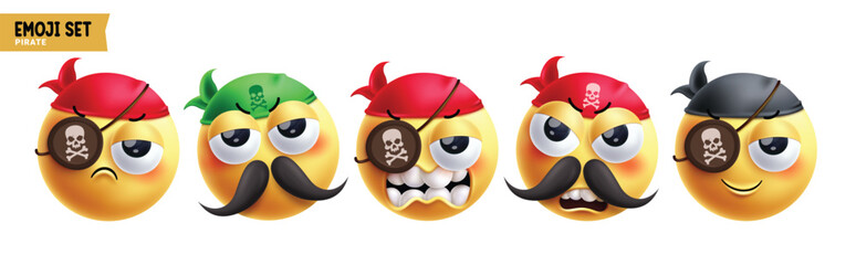 Emoji pirate emoticon characters vector set. Emojis thief sailor character in sad, angry, mad, smiling, happy and serious facial expression wearing eye patch 3d round elements collection. Vector 
