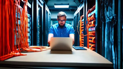 IT specialist working on a laptop in server room with orange network cables.