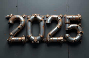 A mechanical design of the numbers 2025 made from interconnected metal pipes