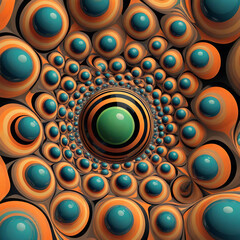 Fototapeta premium A fascinating example of optical and fractal art, with optical illusions. It features two prominent multi-colored concentric circles that create the illusion of three-dimensional spheres