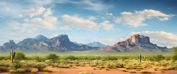 Park arid desert with a saguaro cactus and panoramic landscape bathed in warm light.