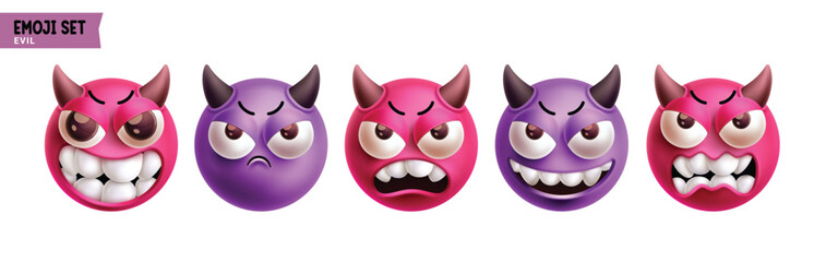 Emoji evil characters vector set. Emojis demon emoticon character in mad, angry, scary, annoying and furious face reactions 3d elements collection. Vector illustration emojis devil icon set collection