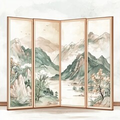 Watercolor Painting of Mountains, River, and Trees on a Wooden Folding Screen