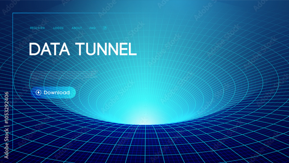 Poster digital data tunnel with blue grid pattern creating a futuristic network theme for technology.