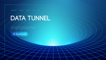 Digital data tunnel with blue grid pattern creating a futuristic network theme for technology.